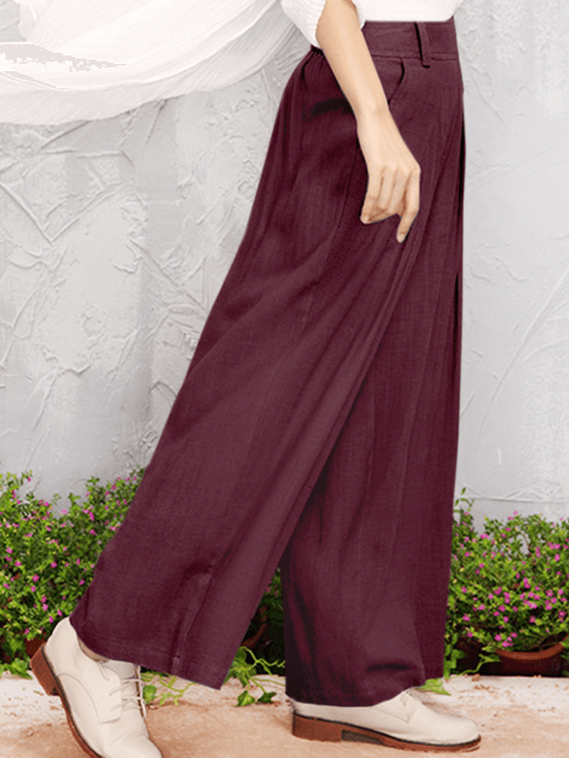 Wide-Legged Elastic Waist Solid Color Pants with Side Pockets