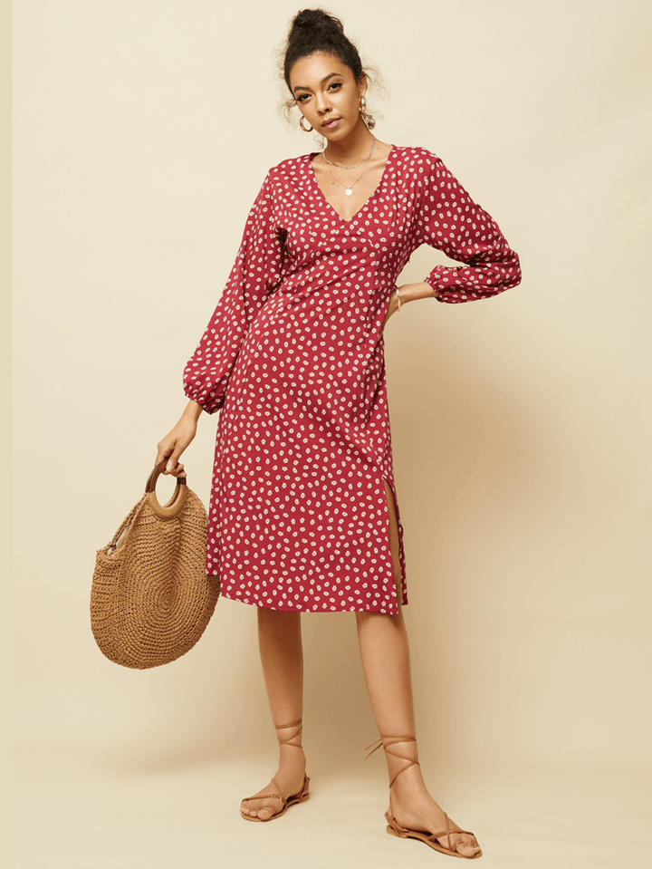 Chiffon Polka Dot Print Split Long Sleeve Causal Dress