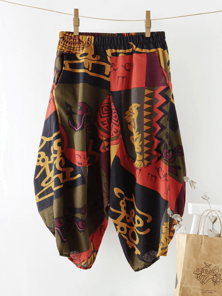 Ethnic Print Pocket Asymmetrical Elastic Waist Loose Casual Cropped Pants