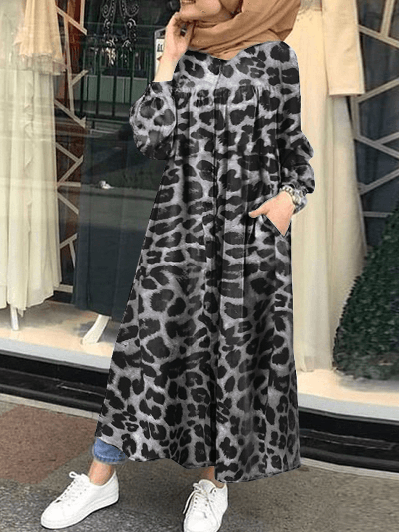 Leopard Printed Button down Front Kaftan Tunic Maxi Dress with Side Pockets - MRSLM