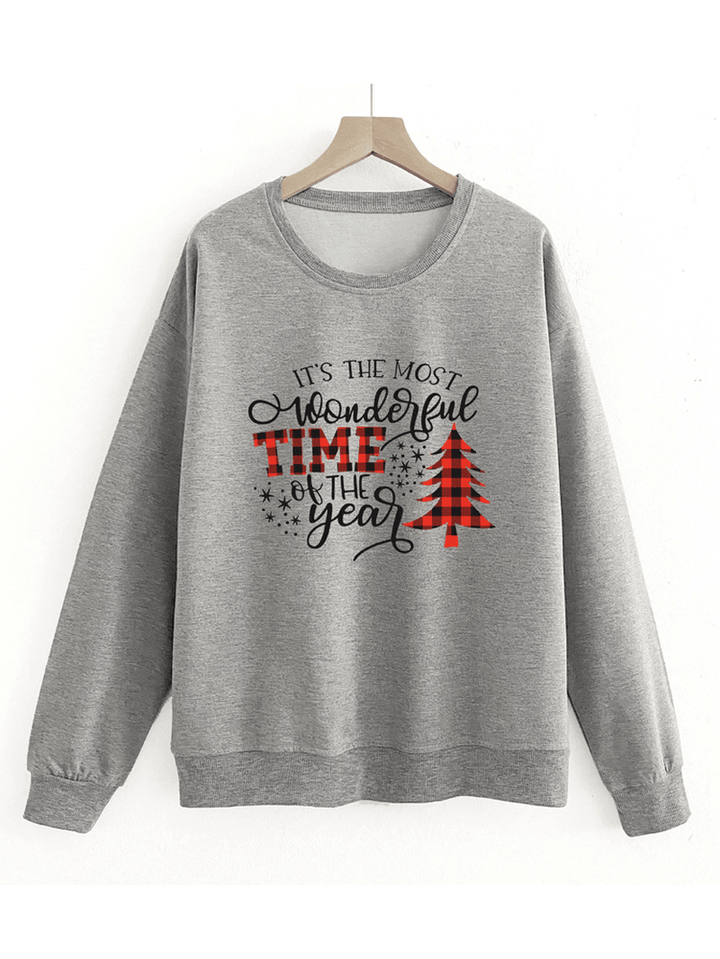 Women Christmas Letter Print O-Neck Drop Shoulder Loose Pullover Sweatshirts - MRSLM