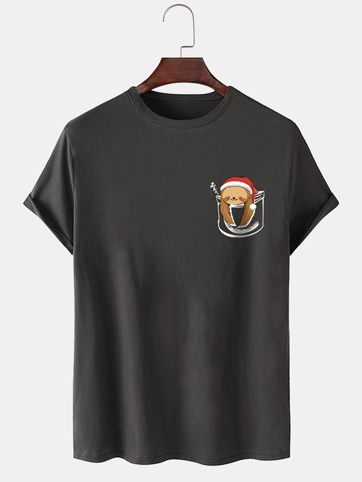 Mens 100% Cotton Christmas Bear O-Neck Solid Color Thin T-Shirt