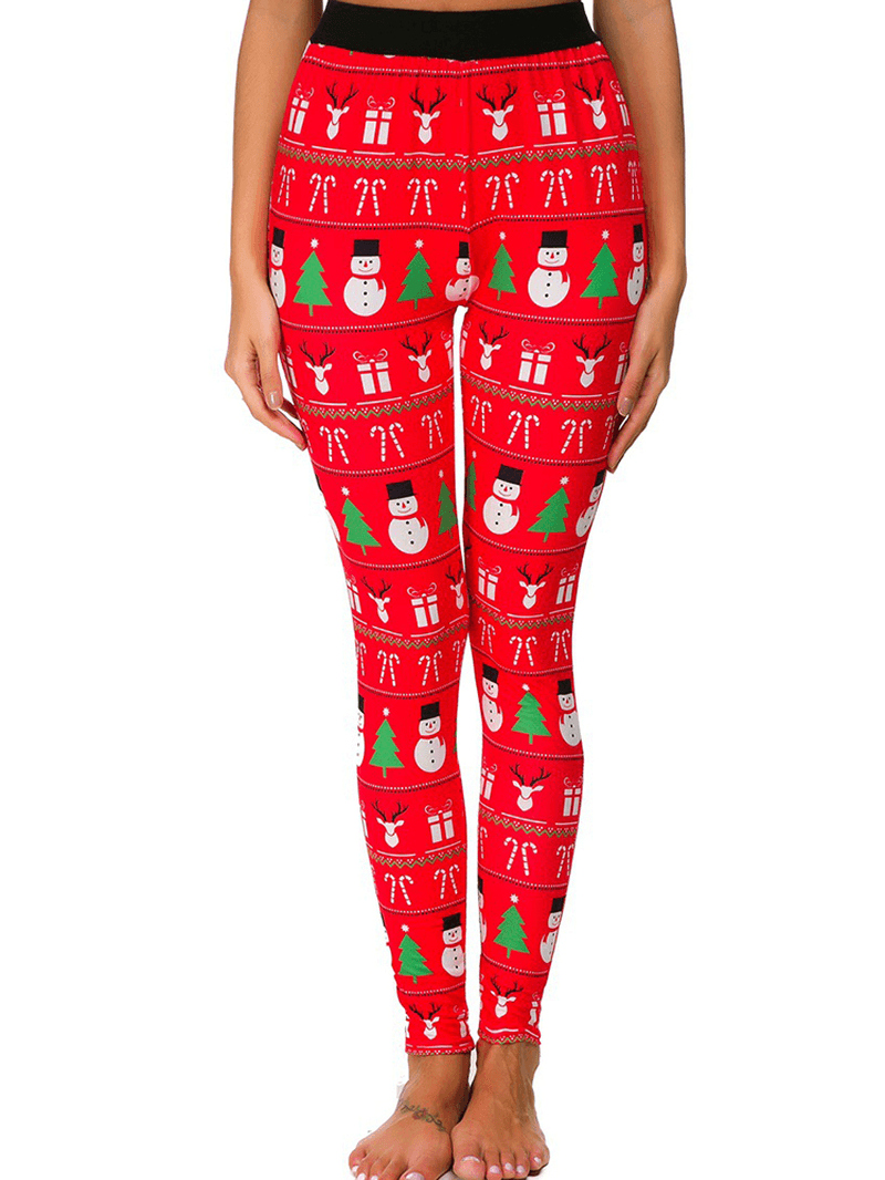 Women Slim Elastic Waist Elk Christmas Printed Leggings - MRSLM