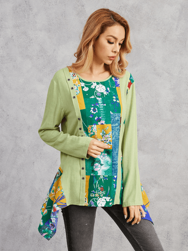 Floral Print Irregular Hem Patchwork Long Sleeve O-Neck Blouse