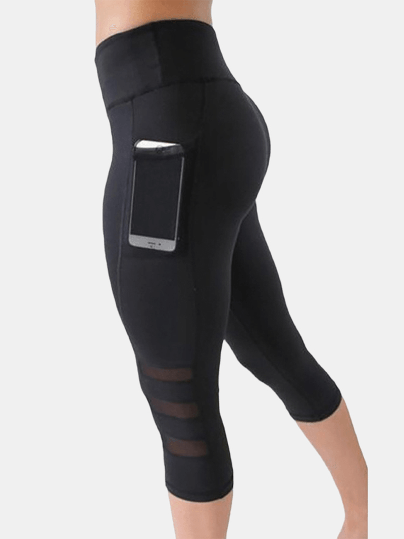 Women Mesh Patchwork Bodycon Cropped Yoga Sport Leggings with Pockets