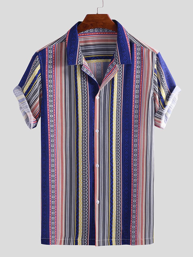 Men Ethnic Stripe Print Short Sleeve Relaxed Hawaiian Shirts