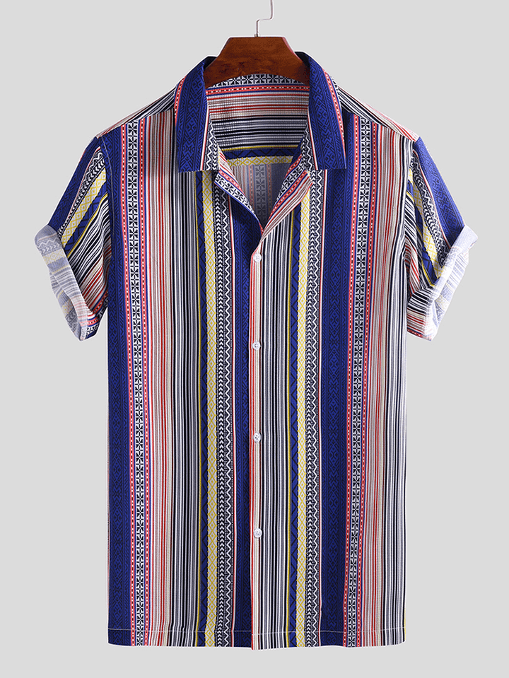 Men Ethnic Stripe Print Short Sleeve Relaxed Hawaiian Shirts