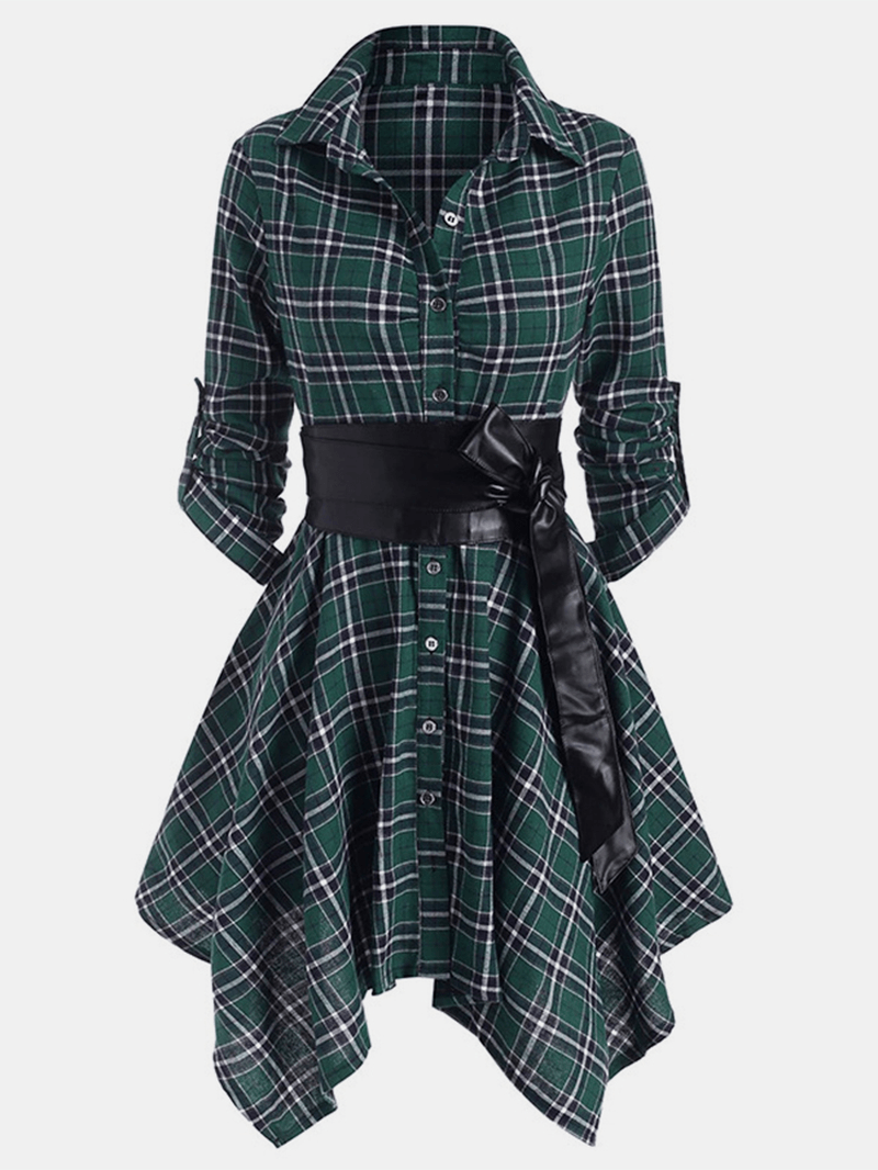 Women Classic Plaid Asymmetrical Shirt Dress with Belt