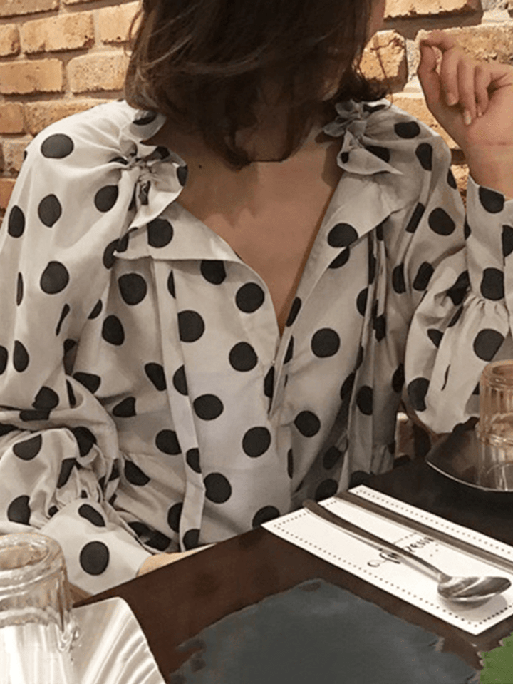 Polka Dots Printing Lantern Sleeve Neckline Bow Tie Casual Blouse for Women