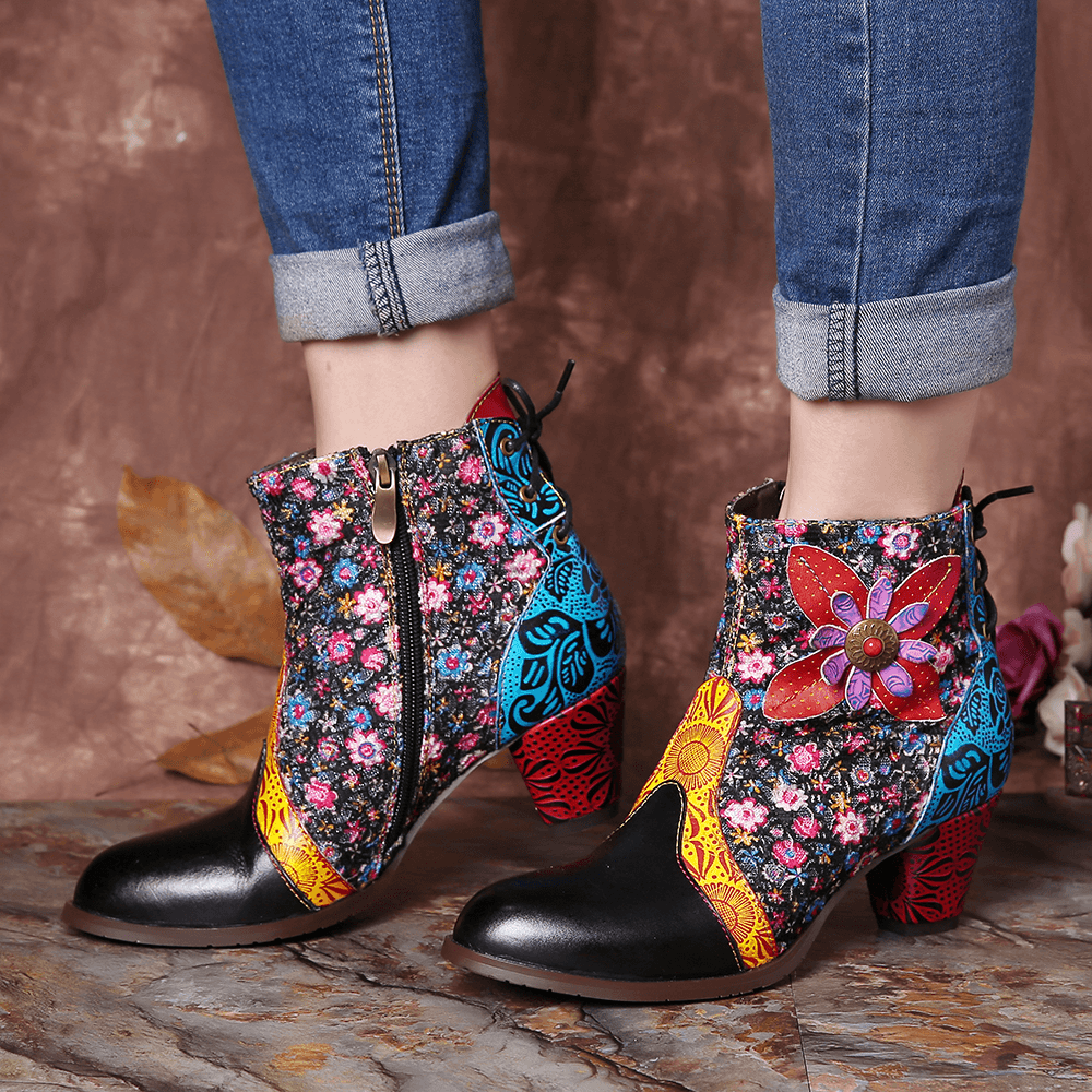 Women Retro Leaf Flower Leather Comfy Zipper Ankle Boots