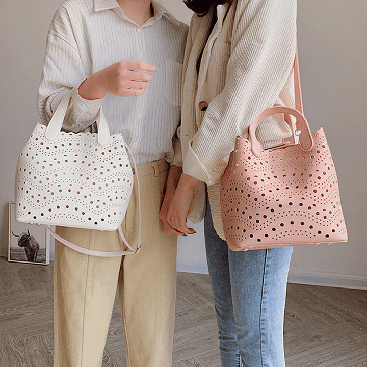 2 PCS Women Hollow Out PU Leather Bucket Bag