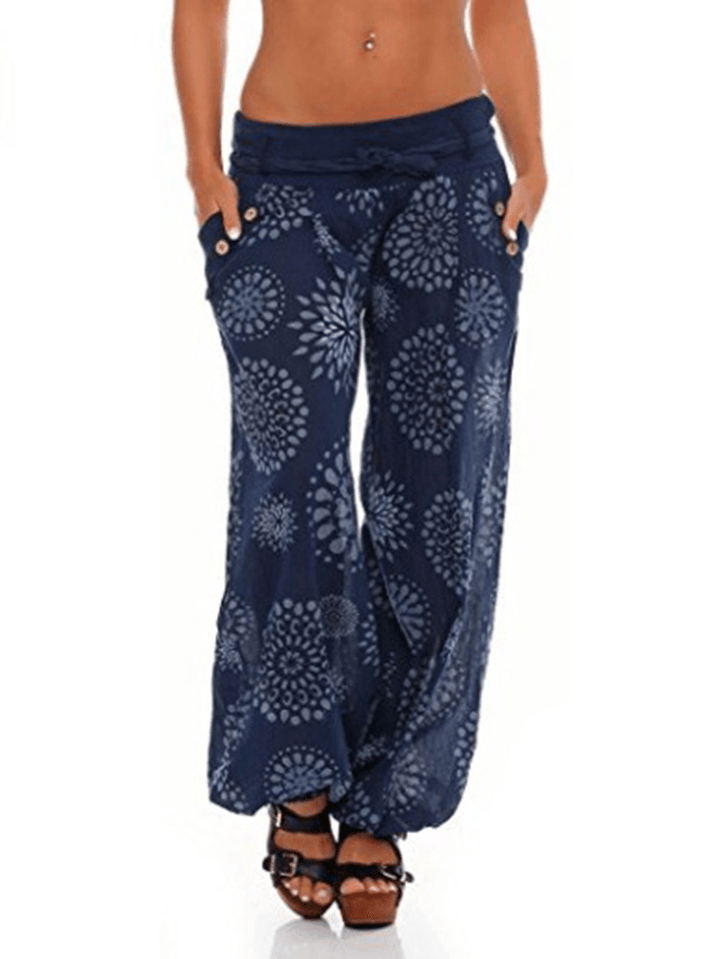 Printed Drawstring Elastic Waist Button Decorated Loose Jogger Pants