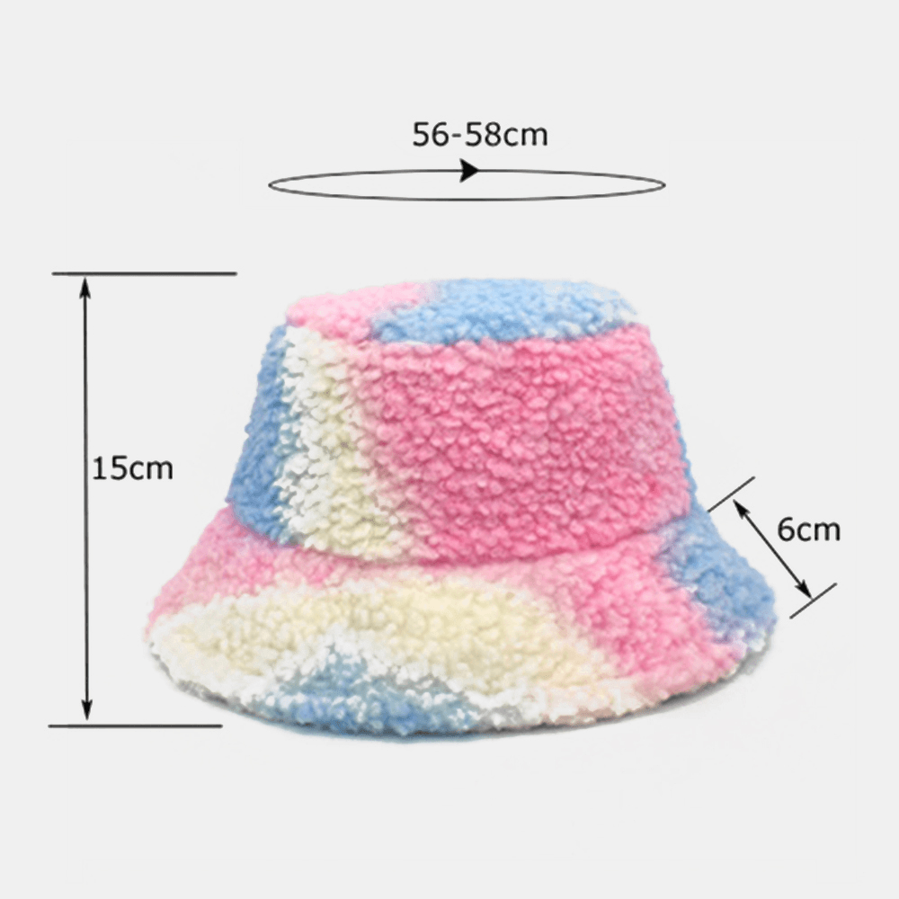 Women Tie-Dye Mix Color Lamb Hair Warm Casual Cute Bucket Hat