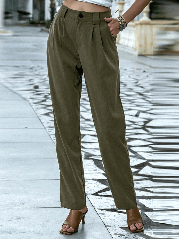 Women Solid Color Pleats Zipper Fly Casual Pants