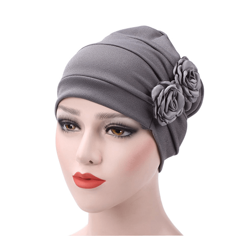 Womens New Side Paste Large Flower Solid Beanie Cap Casual Cotton Outdoor Bonnet Hat