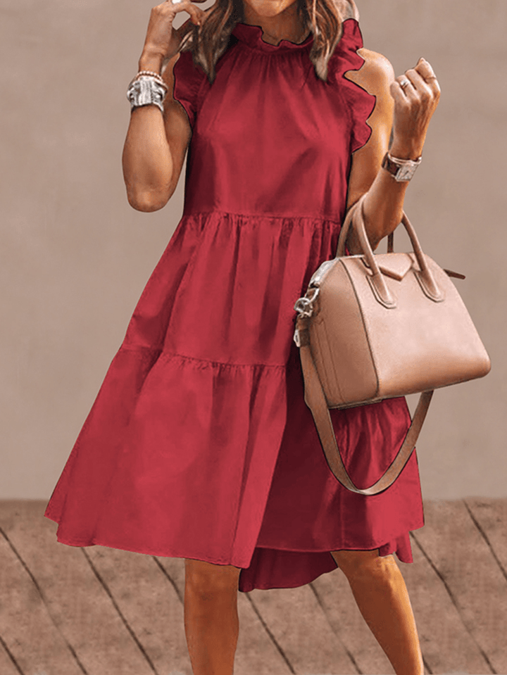 Women Solid Color Ruffles Trim Sleeveless Simple Midi Dresses