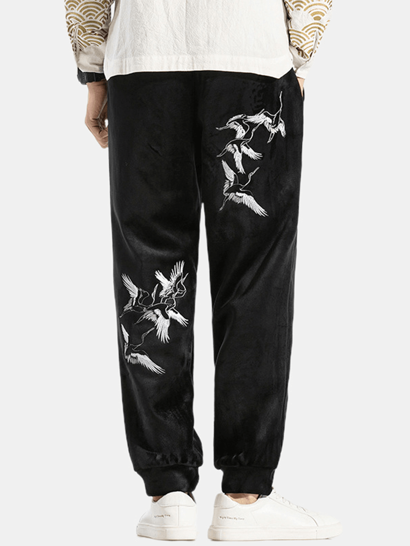 Men'S Casual Chinese Style Fashion Crane Embroidery plus Velvet Thick Warm Loose Pants