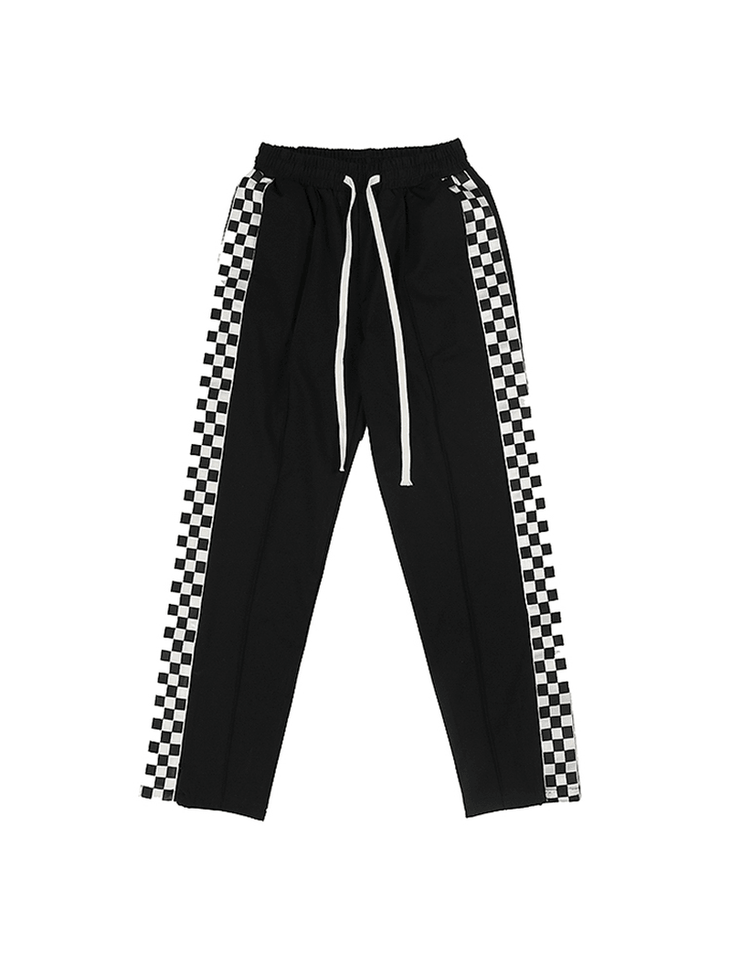 Checkerboard Side Split Straight Leg Sweatpants Hip-Hop Drop Feeling Stacked Drawstring Casual Pants Men