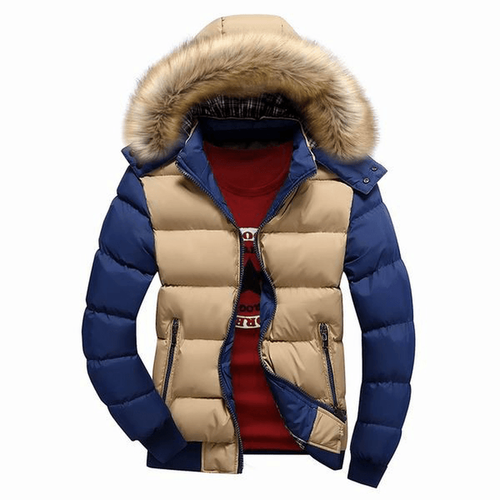 Mens Thick Warm Coat Color Splicing Detachable Hooded Puffer Jacket