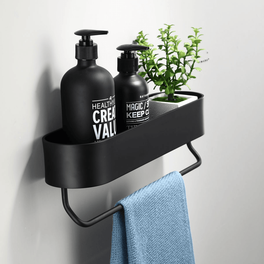 Black Bathroom Shelf 30-50Cm Kitchen Wall Shelves Basket Storage Rack Towel Bar