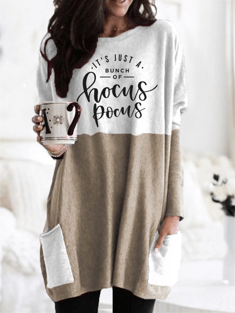 Women Halloween Patchwork Letter Printed Casual Mid-Length Sweatshirts with Pockets