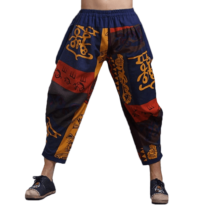 Mens Ethnic Printed Cotton Loose Baggy Bloomers Harem Pants