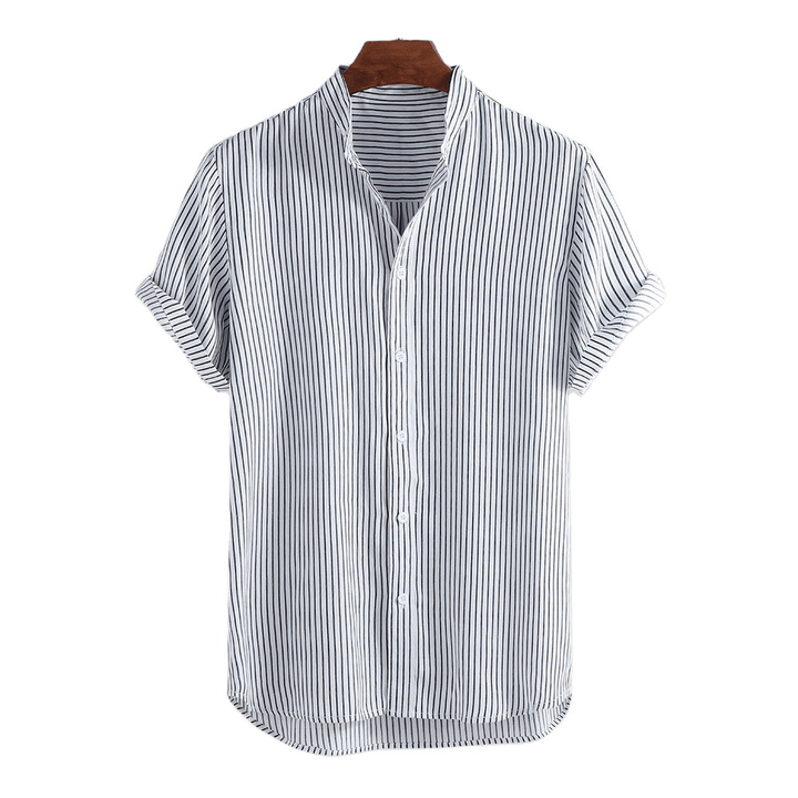 Men'S Summer Striped Short Sleeved Stand up Collar Men'S plus Size Shirt