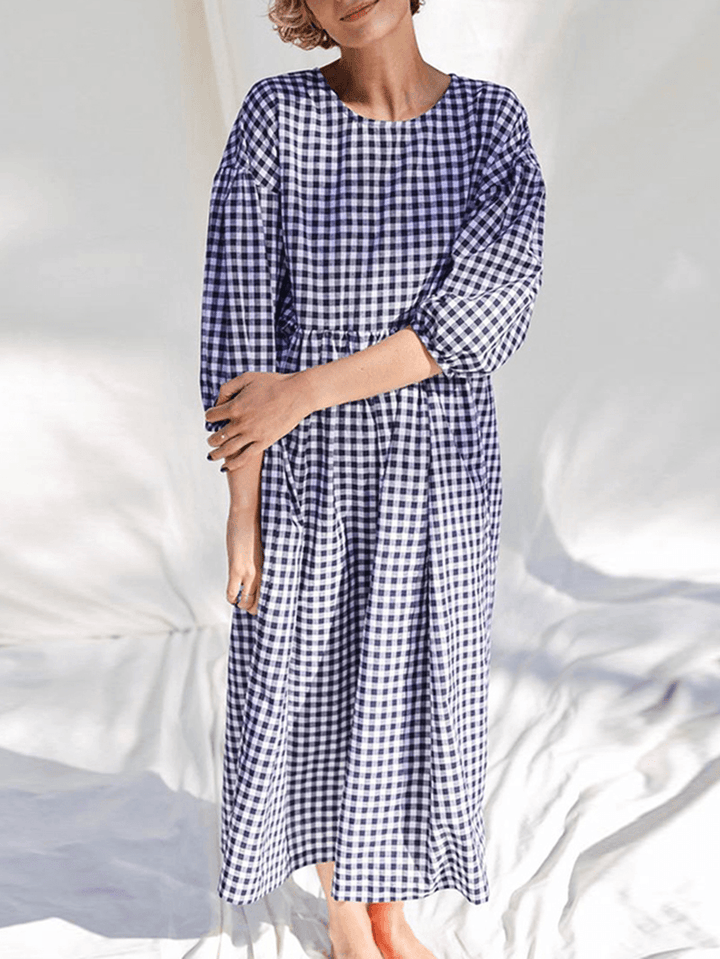 Women Plaid Print Pleated round Neck Casual Half Sleeve Midi Dresses - MRSLM