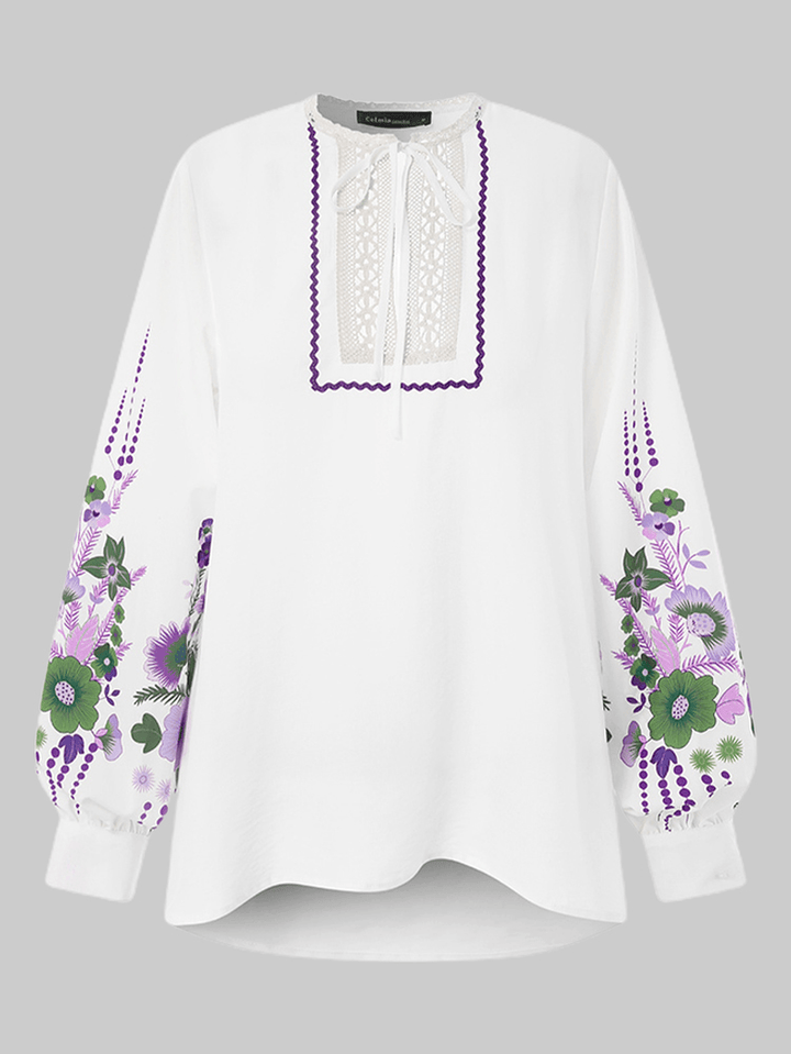 Women Flower Print Lace Stitching Tie Neck Long Sleeve Casual Blouses