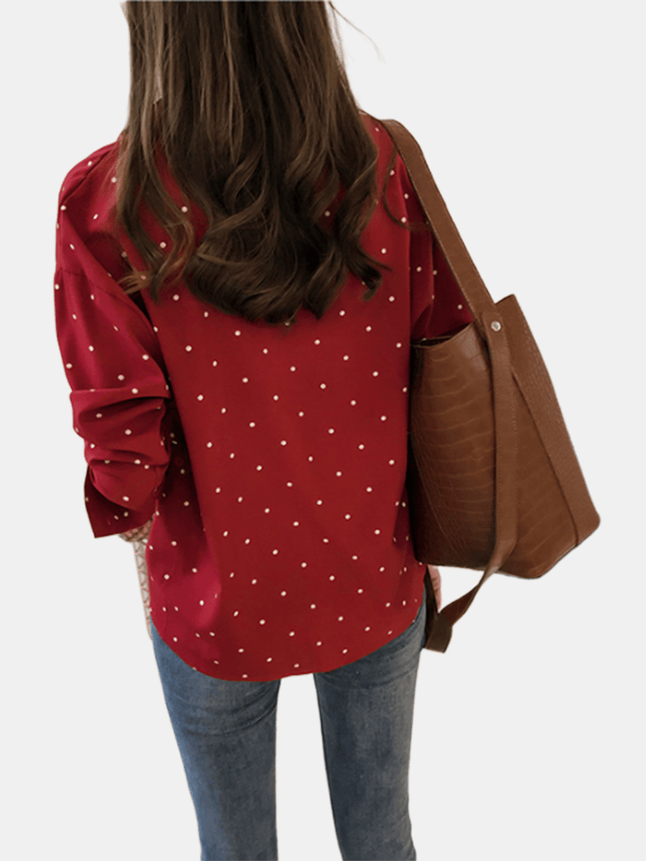 Polka Dot Print V-Neck Long Sleeve Casual Blouse