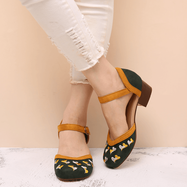 LOSTISY Women Embroidery round Toe Ankle Strap Comfy Casual Heels Pumps