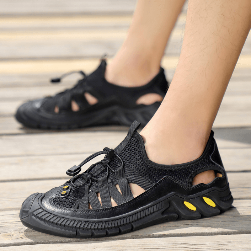 Men Leather Mesh Breathable Non Slip Soft Bottom Comfy Outdoor Casual Shoes