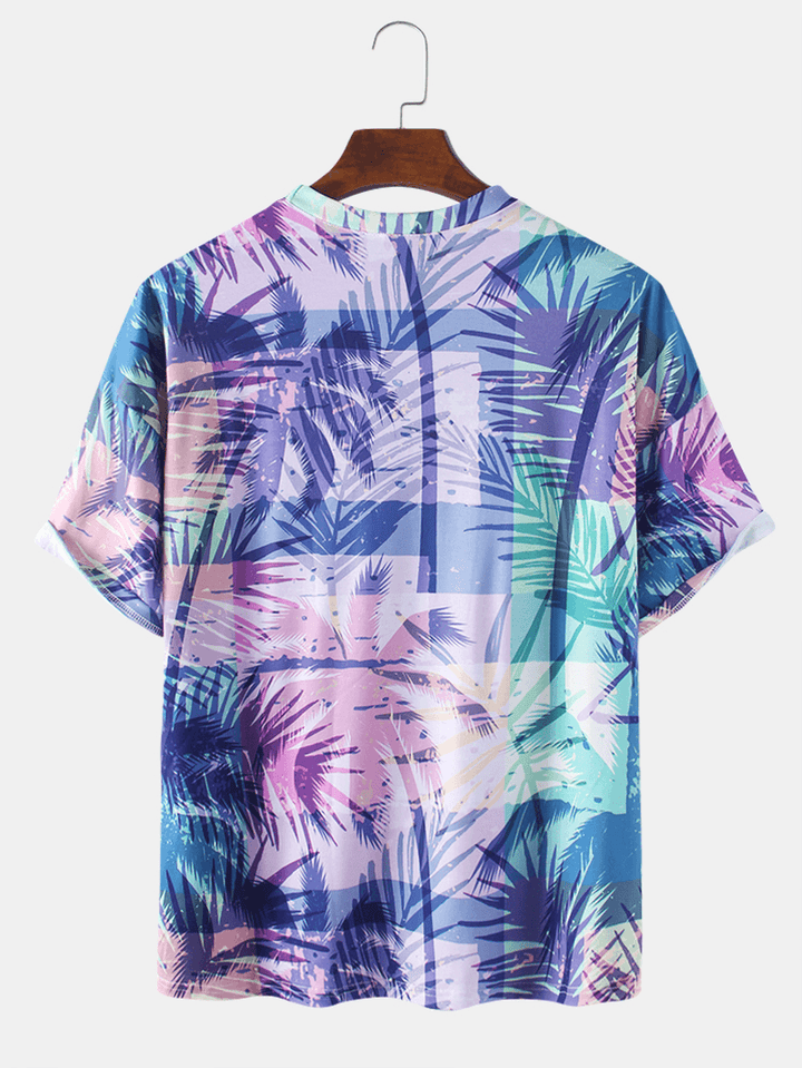 Cotton Mens Colorful Tropical Plant Leaves Print Holiday Short Sleeve T-Shirts