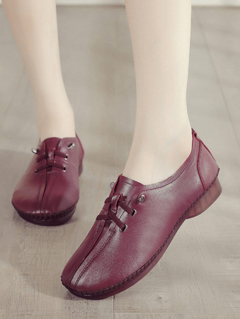 Women Comfy Stitching Genuine Leather Soft Lace up Flats Loafters