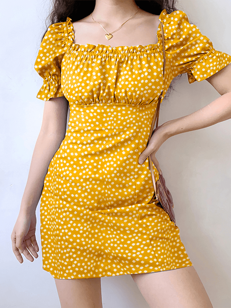 Floral Print Square Collar Pleating Short Sleeve Mini Dress