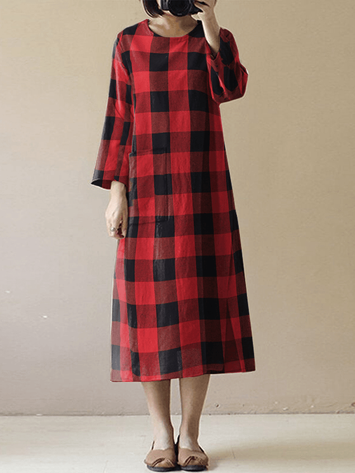 Women Vintage Plaid O-Neck Long Sleeve Splited Midi Dress