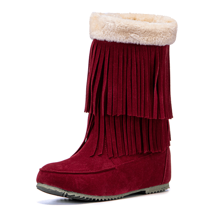 Women Tassel Boots Warm Fluff Flanging Mid-Calf Snow Boots - MRSLM