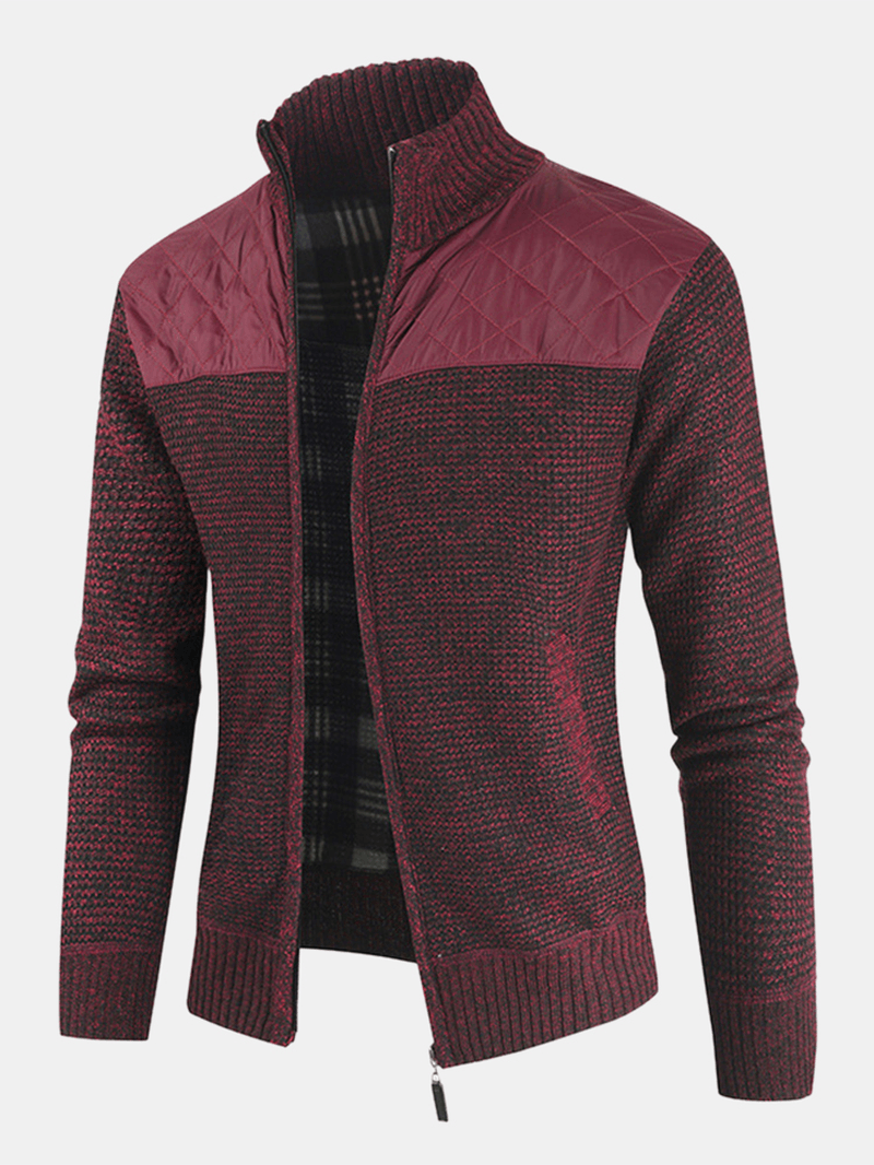 Mens Patchwork Zip Front Stand Collar Knit Casual Cardigans with Pocket