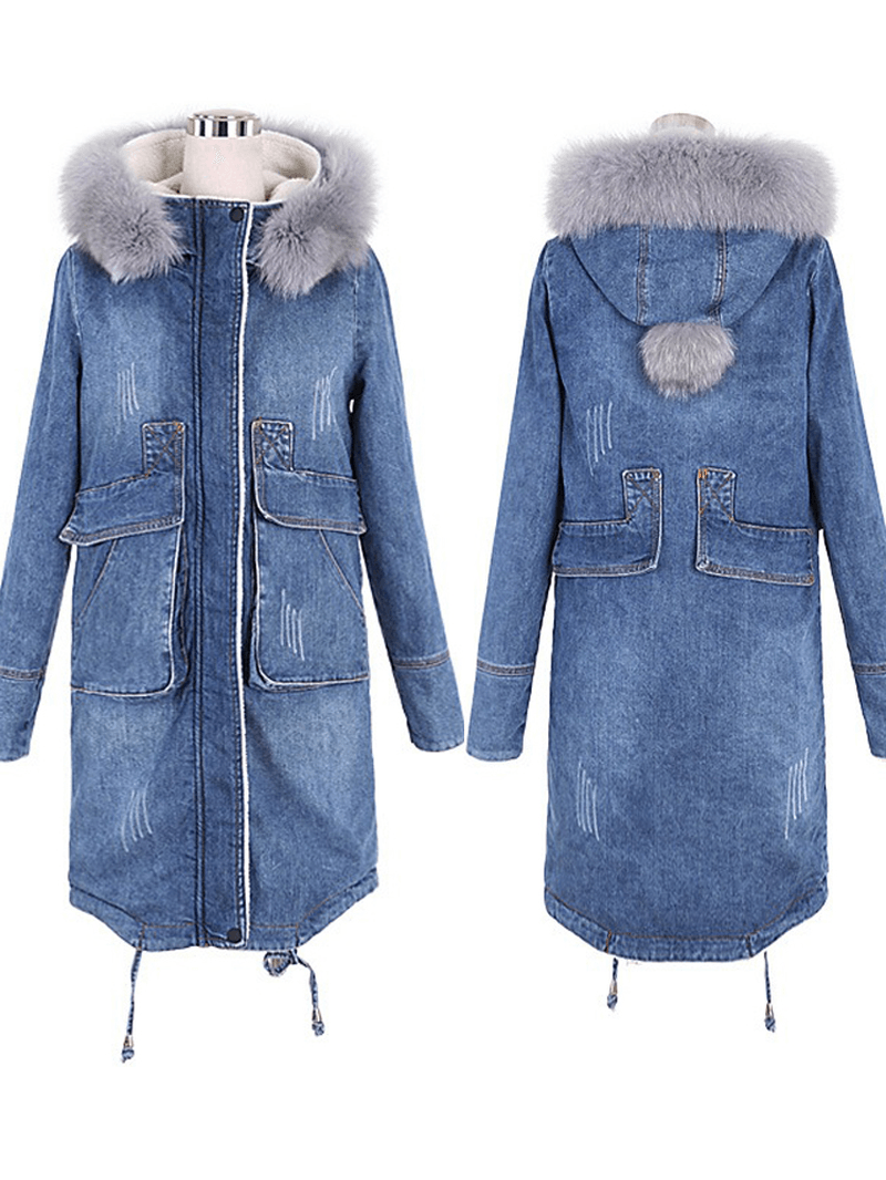 Casual Women Faux Fur Collar Double Pocket Thick Denim Coat