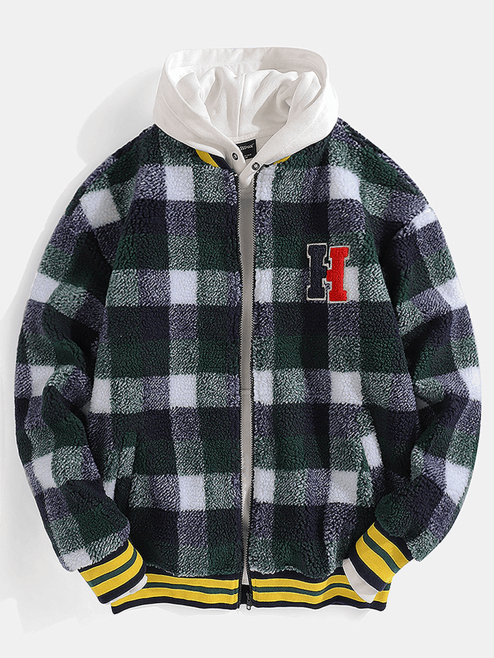 Mens Plush Plaid Letter Applique Patched Baseball Collar Zipper Jacket