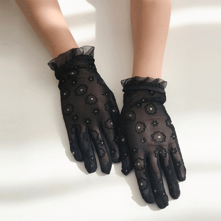 Women Flower Rhinestone Decorate Lace Gloves Fashion Fabric Sunshade Breathable Short Split Finger Gloves Full Finger Gloves