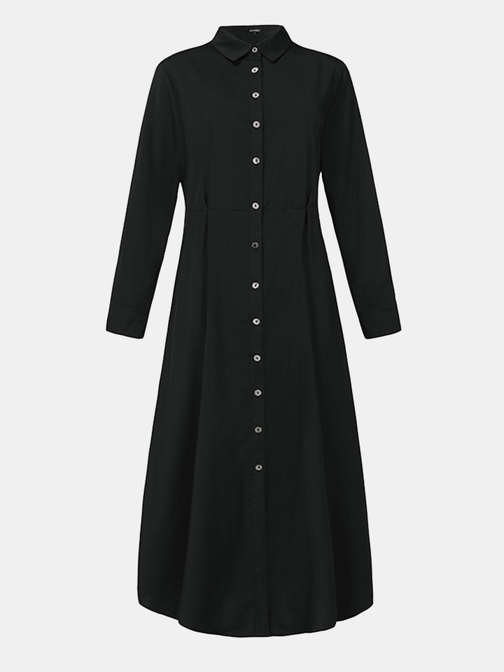 Women Basic Button down Front Lapel Solid Color Long Sleeve Shirt Dress