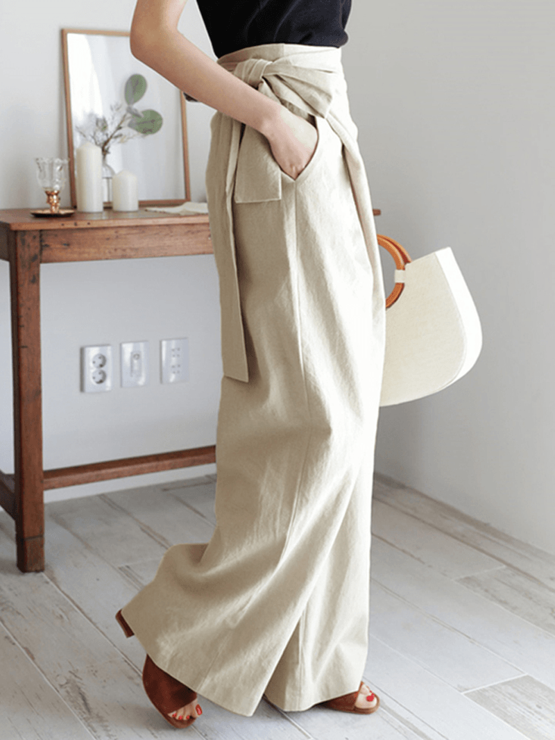 Women's Asymmetrical Bandage Design Wide Leg Pants - Solid Color, Breathable Fabric