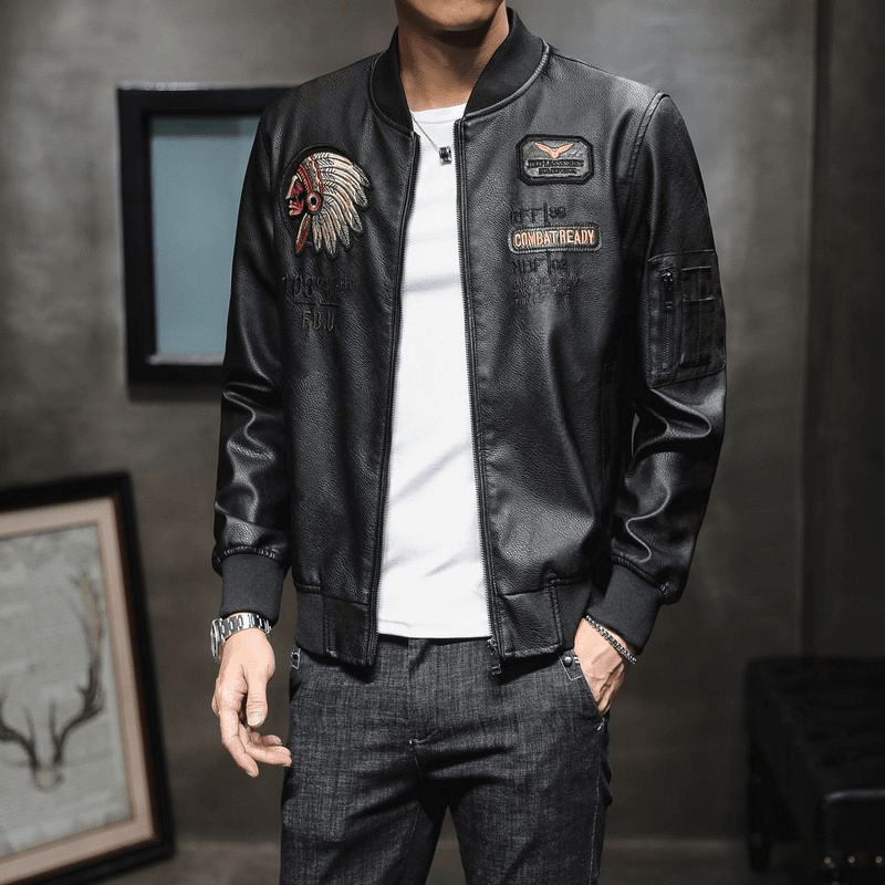 Men'S PU Leather Baseball Collar Embroidered Motorcycle Jacket