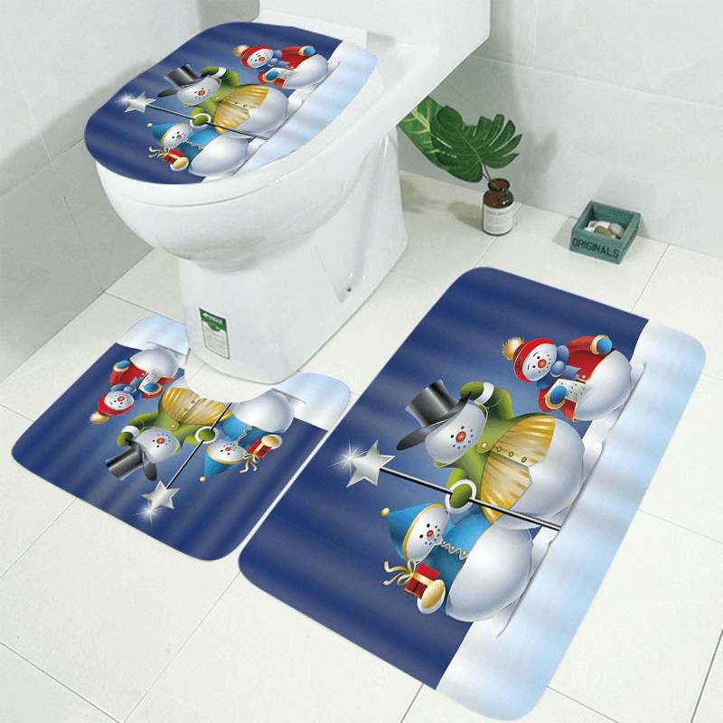 Bathroom Christmas Snowman Shower Curtain & 3PCS Mat Set Toilet Cover 180*180CM