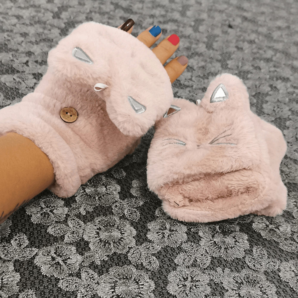 Women Plush plus Thicken Cute Cartoon Cat Pattern Keep Warm Half-Finger Gloves