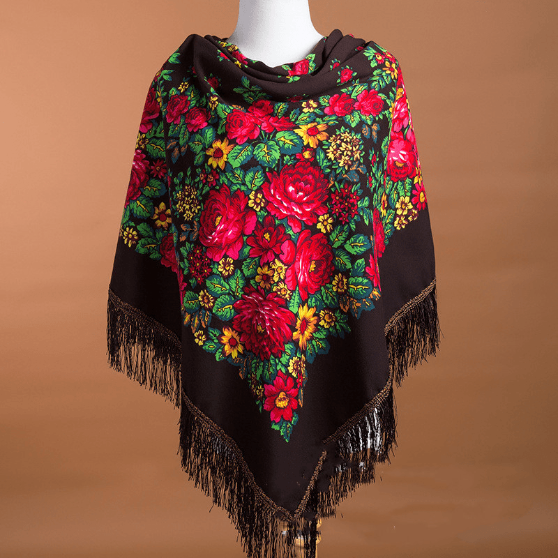 Large Square Scarf Shawl with Ethnic Print Tassels to Keep Warm