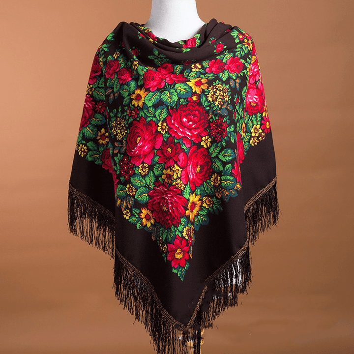 Large Square Scarf Shawl with Ethnic Print Tassels to Keep Warm