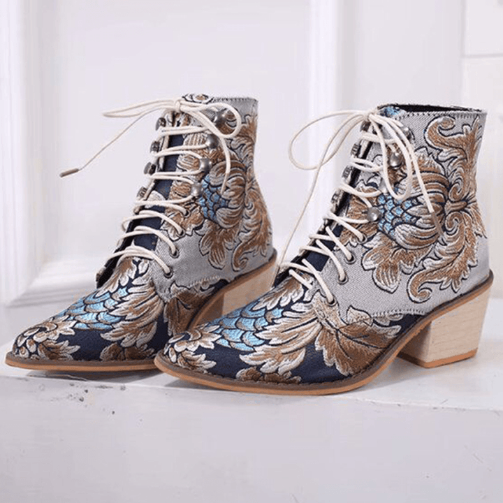 Women Pointed Toe Embroideried Lace up Block Boots