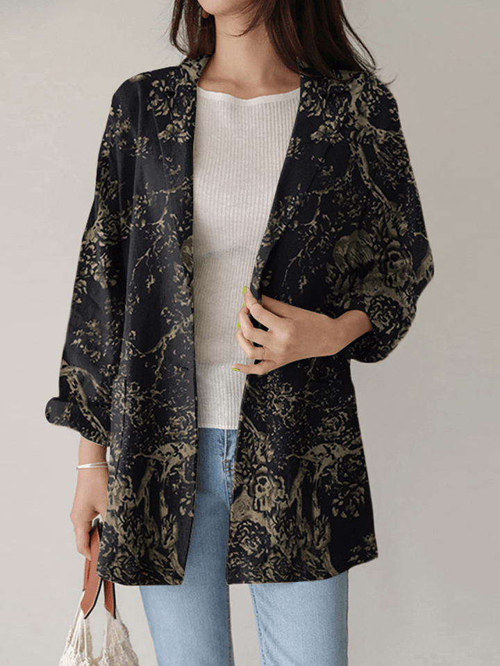 Women Loose Lapel Full Sleeve Floral Casual Side Pockets Coat - MRSLM